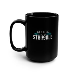 Black 15oz Mug — "One Story Opens Another" Motivational Rainbow Stripes
