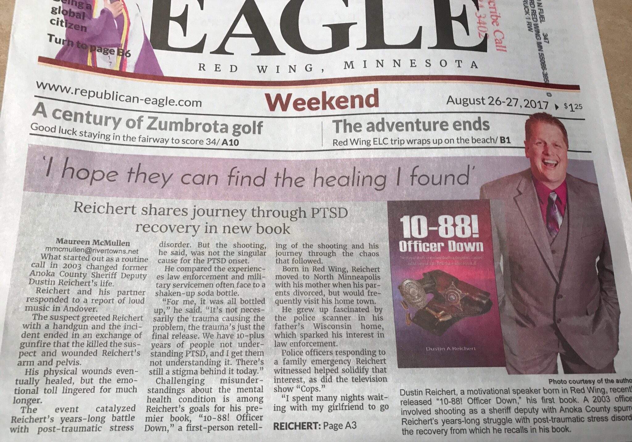 Republican Eagle Red Wing MN Deputy Dustin Reichert's hometown article on 10-88 Office Down! Book.